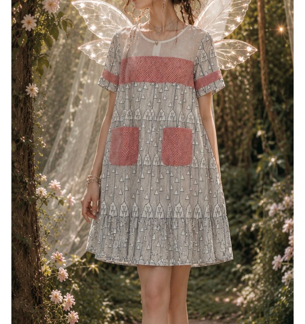 ELF SACK Sheer Mesh Embossed Sack Dress Geometric Print Patch Pockets Artsy S